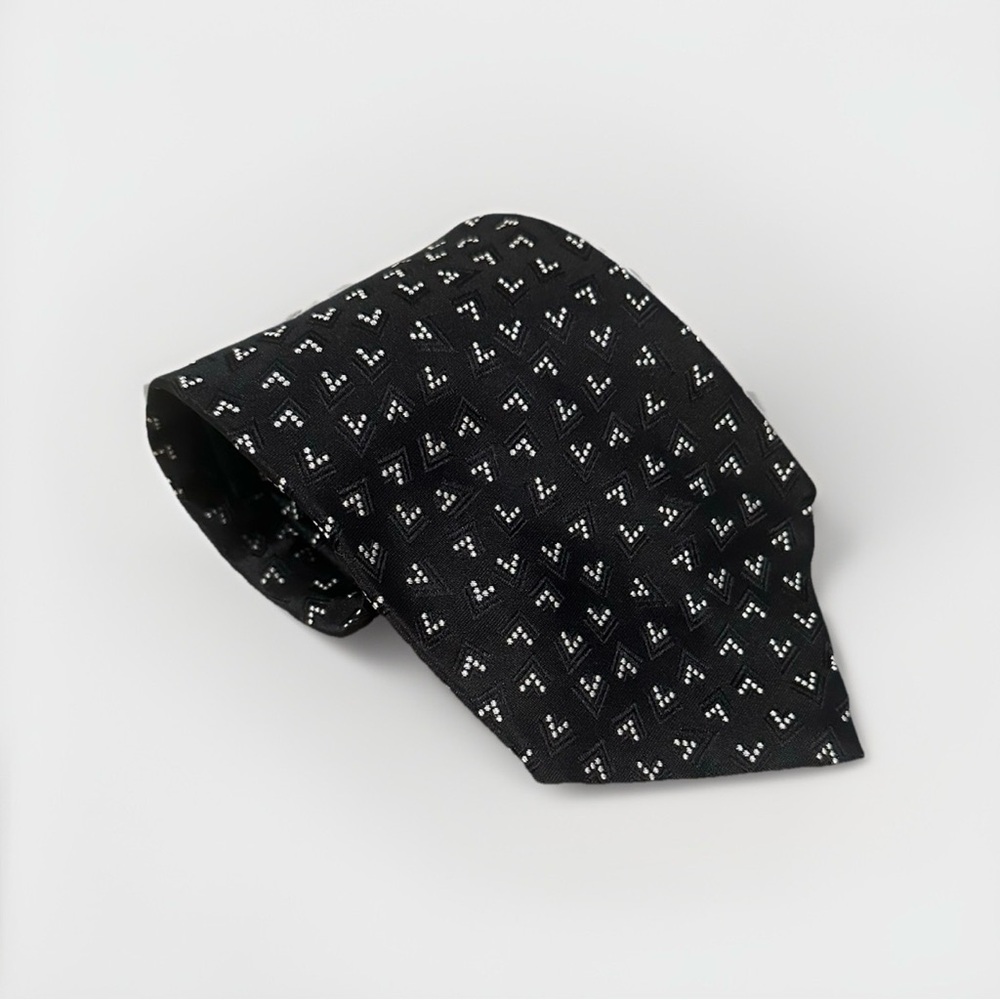 Ralph Lauren Black & White Silk Tie Green Label Made In USA Geometric Pattern